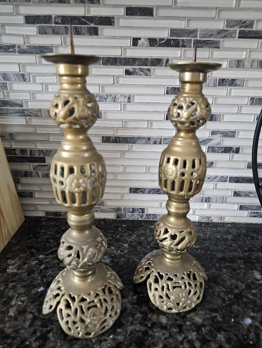 Brass Filigree Candlestick Pair - Gold Decorative Home Accents